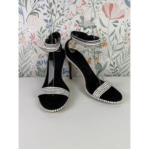 Cole Haan Woven Leather Ankle Strap Heels Black White Sandals Size 7